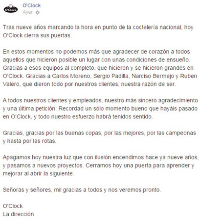 Comunicado Facebook coctelería O'Clock (Madrid)